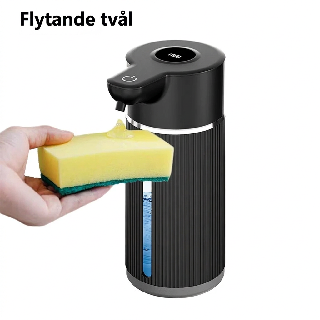 Svart tvåldispenser som ger flytande tvål på en disksvamp