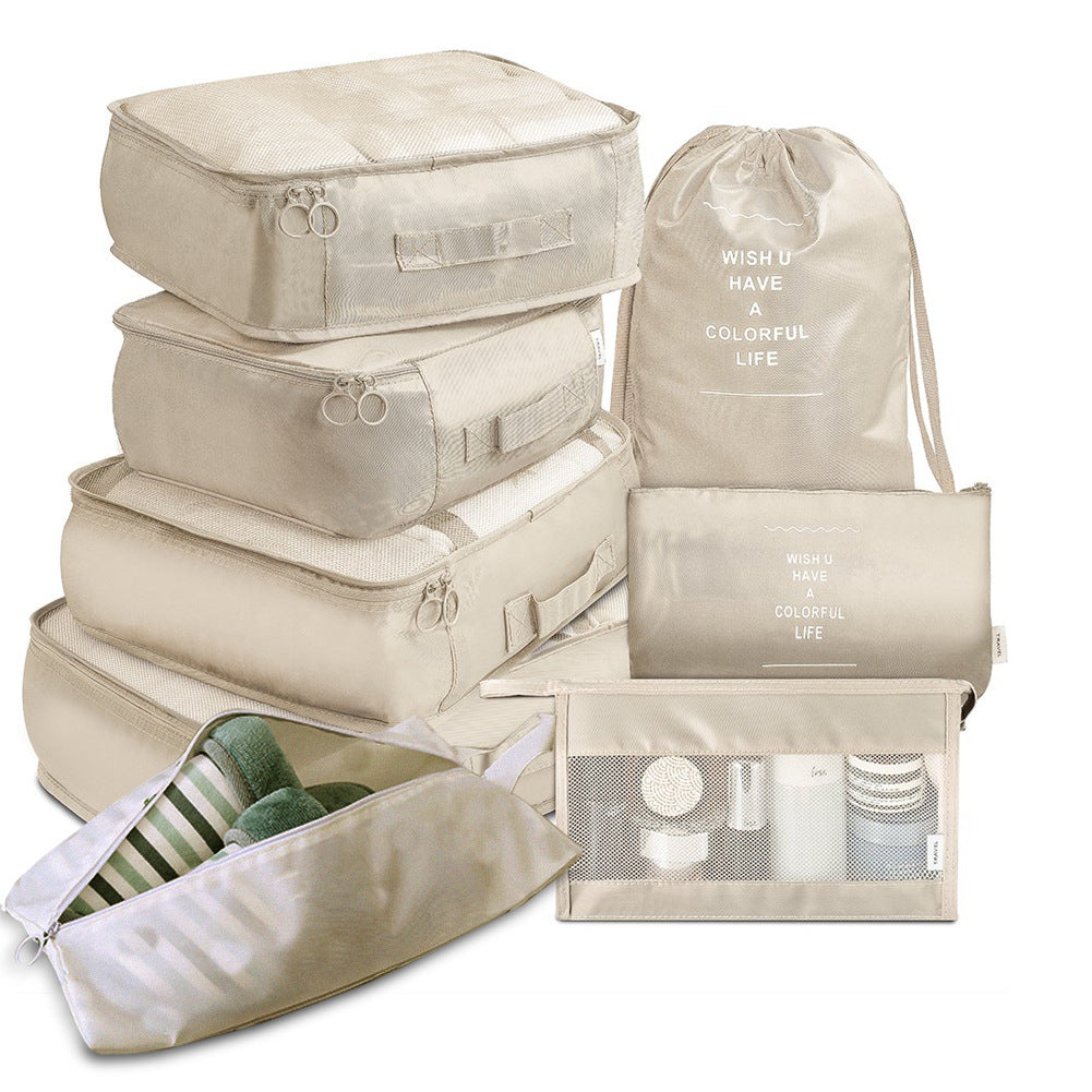 Beige packkuber, 8 delar, med skopåse och necessär