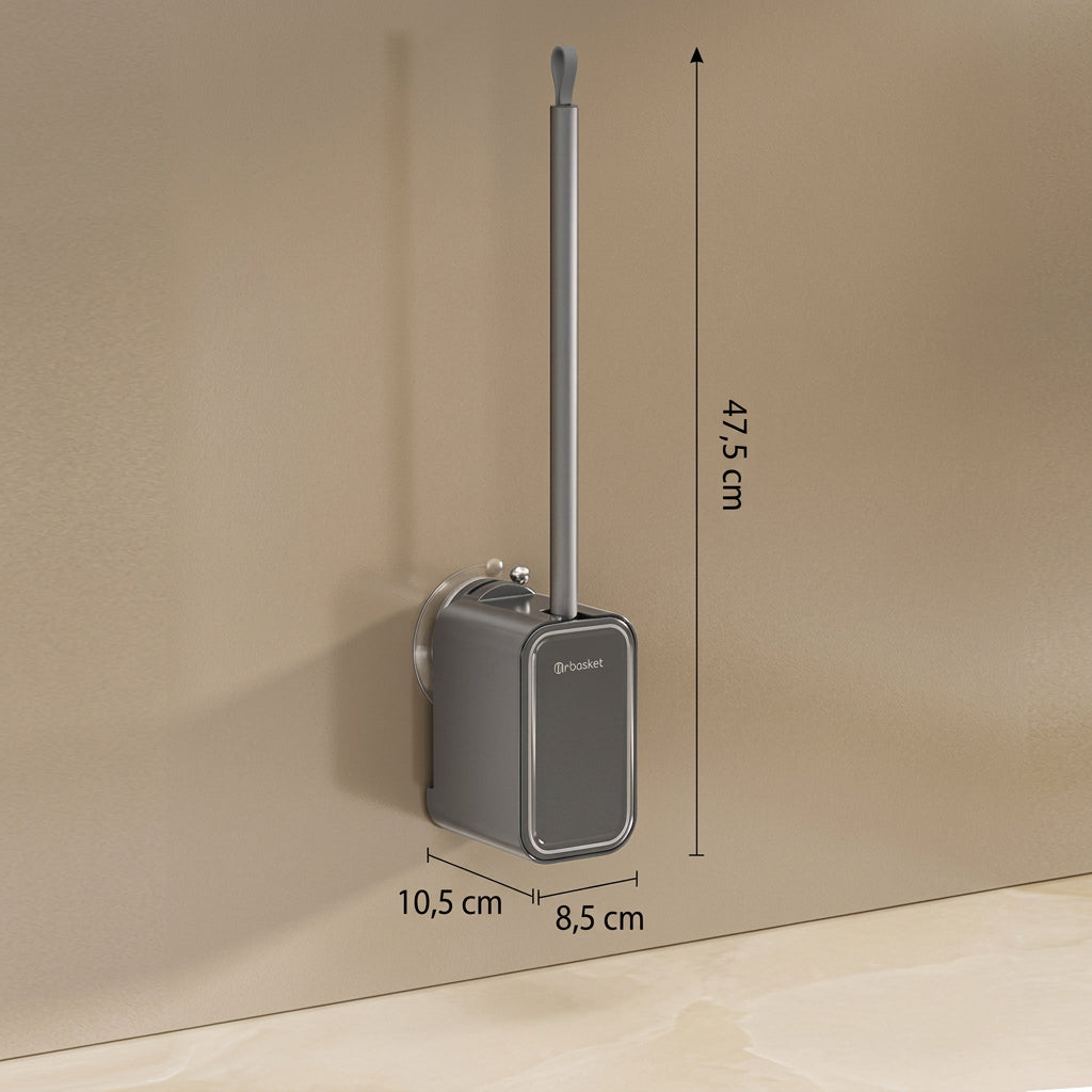 Grå toalettborste på väggen med mått: 47,5 cm hög, 10,5 × 8,5 cm