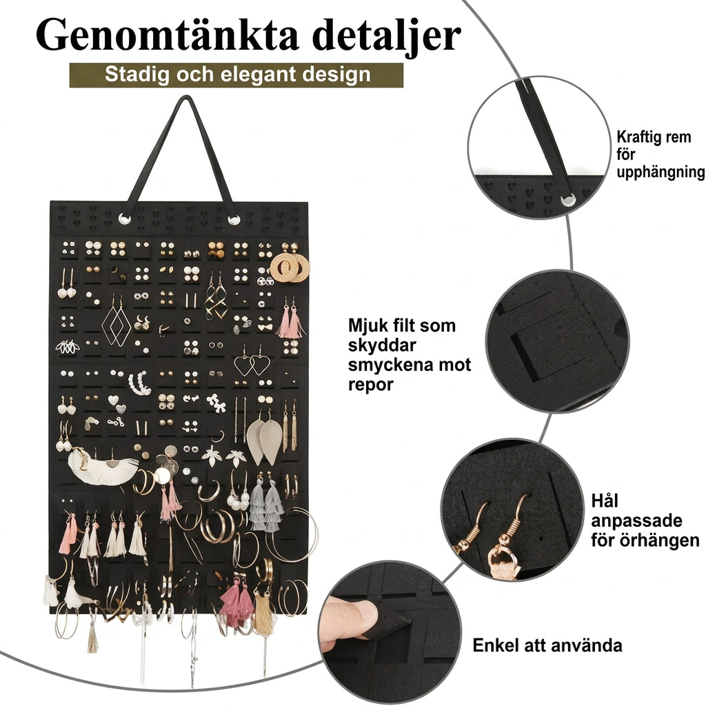 Svart smyckesförvaring med närbilder på detaljer