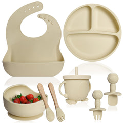 Bluet B- Silicone Baby Feeding Set - Baby Led Weaning Supplies - Baby Spoons Suction Bowl - Plate - Baby Utensils Set - Silicone Feeding Set for Baby First Foods Infant Eating - 8pcs - Beige