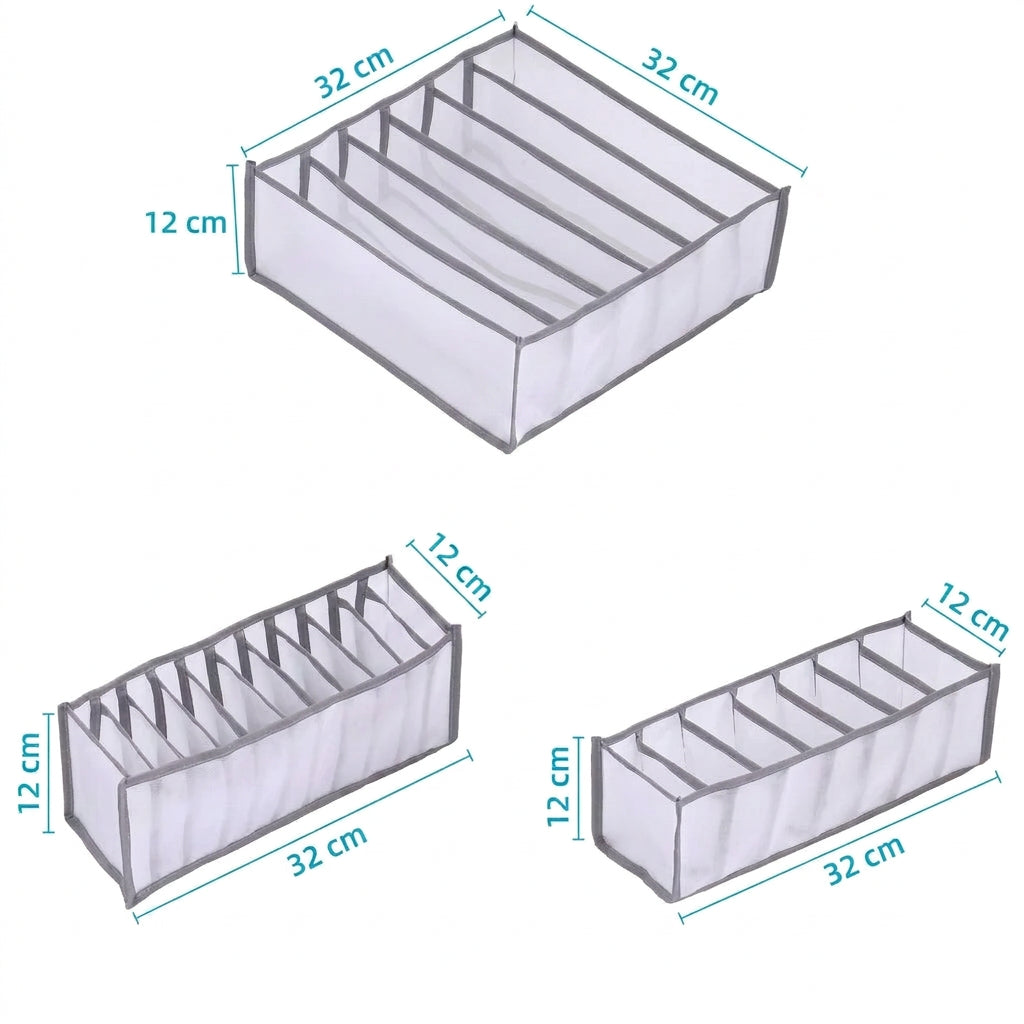 Förvaringsboxar med 6, 11 och 7 fack och mått i cm