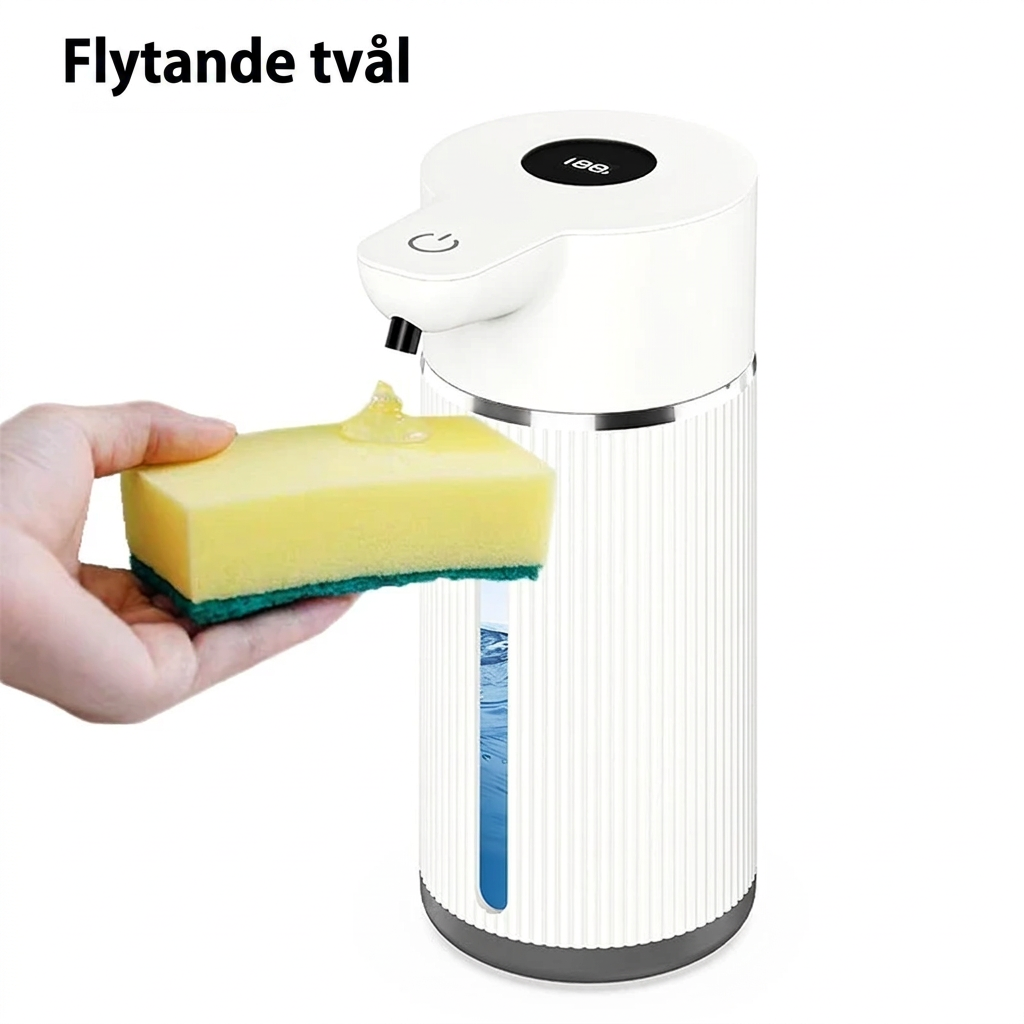 Vit tvåldispenser som ger flytande tvål på en disksvamp
