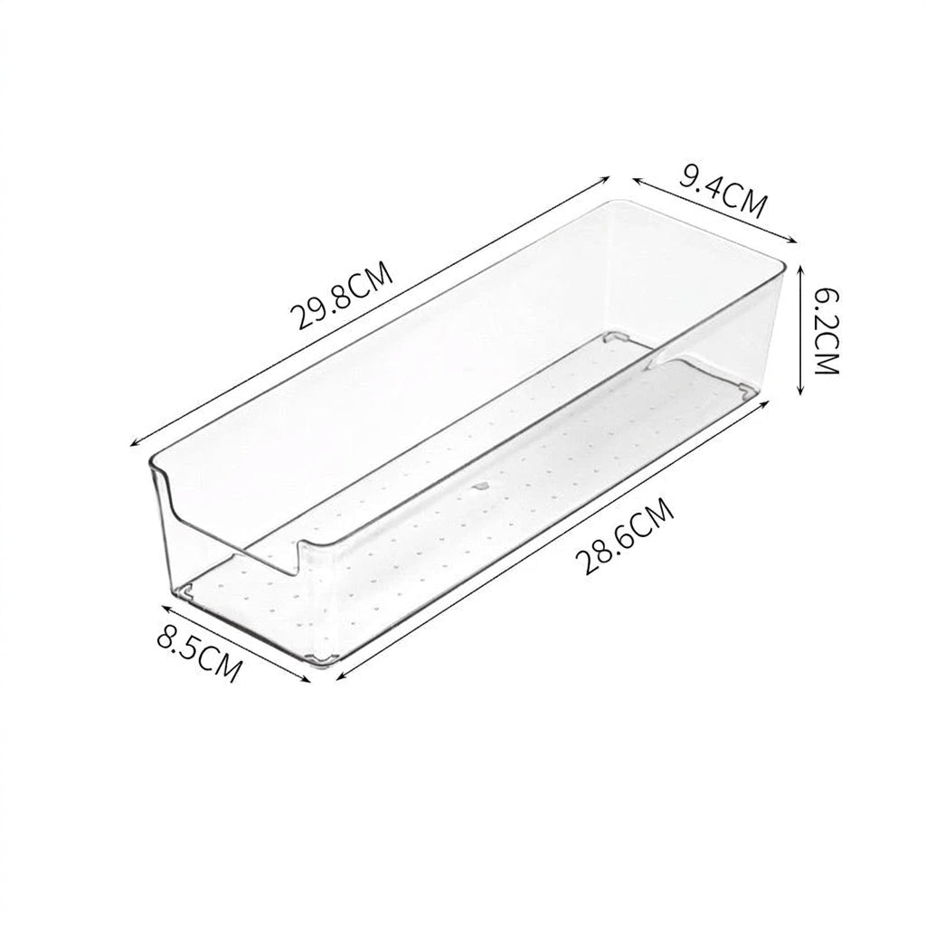 Lång genomskinlig förvaringslåda med mått 29,8 × 9,4 × 6,2 cm